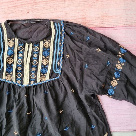 Zara Black Blue Contrast Embroidered Accents Long Sleeve Boho Peasant Blouse M - Picture 5 of 11